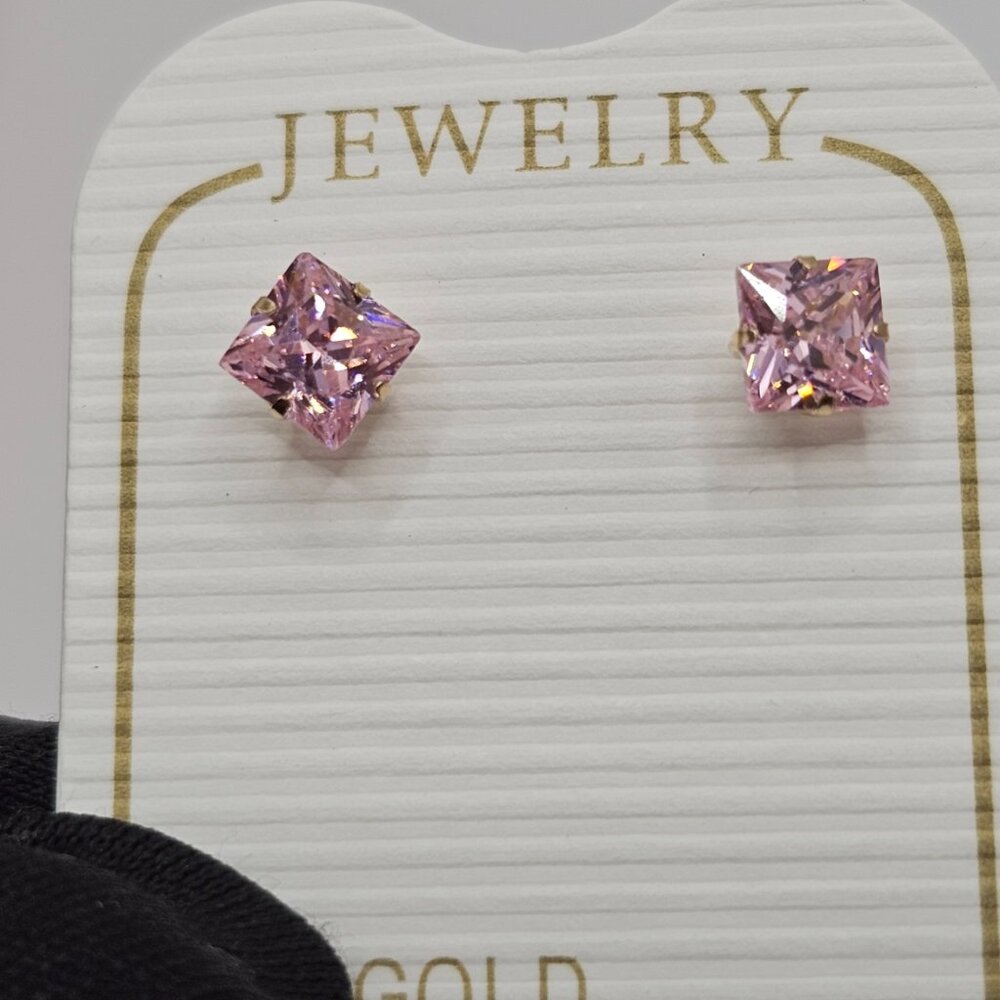 14KT Gold Square Pink Cubic Zirconia Screw Back Stud Earrings 4mm - Picture 6 of 10